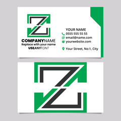 Green and Black Business Card Template with Striped Shaped Letter Z Logo Icon