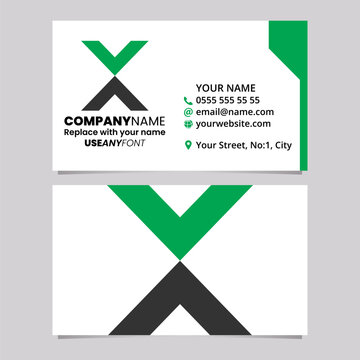 Green and Black Business Card Template with V Shaped Letter X Logo Icon