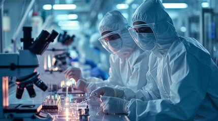 Scientists in Sterile Cleanroom Suits Control Manufacturing Machinery Work and Use Microscopes for Research, Doctors do tests in the laboratory.