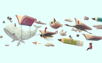 Education, book, reading, imagination, dream of children and back to school concept art. conceptual illustration. kids and animals.