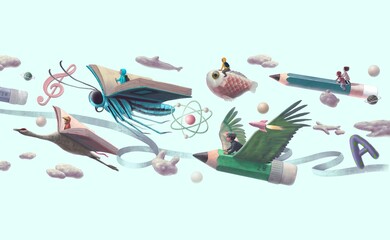 Education, book, reading, imagination, dream of children and back to school concept art. conceptual illustration. kids and animals. - obrazy, fototapety, plakaty