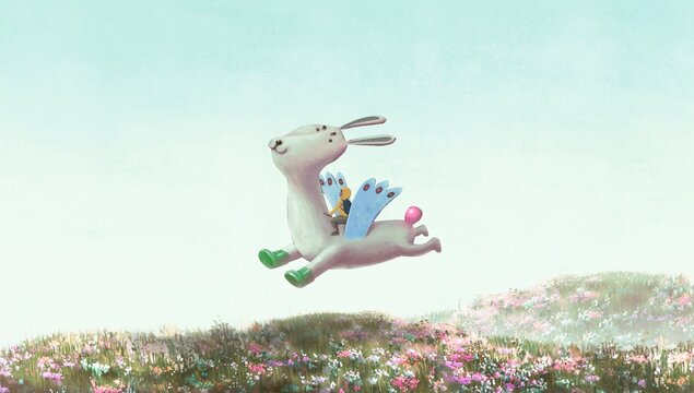 Imagination, dream of children and adventure concept art. conceptual illustration. kid and animal.