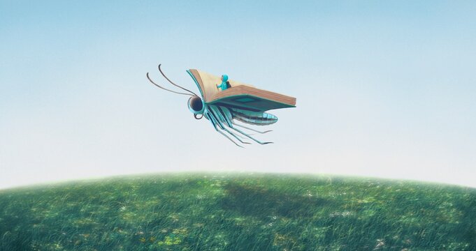 Education, book, reading, imagination, dream of children and back to school concept art. conceptual illustration. kid and animal.