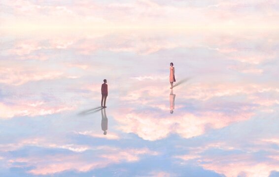 Love, romance, and valentine concept. surreal art. lover standing on the cloud. conceptual artwork.