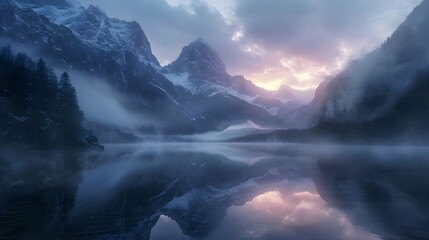 Envision a calm alpine lake at the break of dawn, with a gentle mist rising over the surface to reflect the first rays of sunlight onto the nearby peaks.  - obrazy, fototapety, plakaty