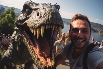 a man takes a selfie with a dinosaur