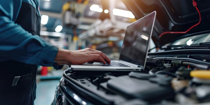 Computer diagnostics. An automotive mechanical technician using laptop computer programming. Car maintenance service concept