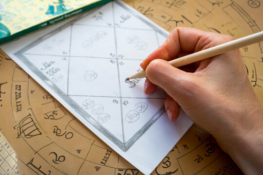 A woman's hand fills in an astrology chart of Jyotish astrology of ancient India