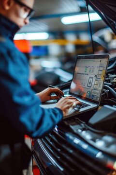 Computer diagnostics. An automotive mechanical technician using laptop computer programming. Car maintenance service concept