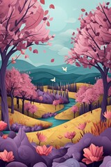 A whimsical paper art illustration of a magical spring valley with blooming trees, a serene river, and birds flying under a soft blue sky..