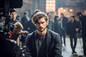 Caucasian actor in concentration backstage before filming