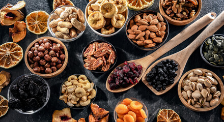 Composition with a variety of dried fruits and assorted nuts.