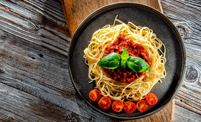 Composition with a plate of spaghetti bolognese