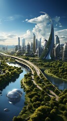 Futuristic cityscape. Urban landscape in the future. Energy efficient city.