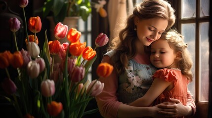 Fototapeta na wymiar A cute little girl congratulates her mother and gives her a bouquet of tulip flowers in the house. The concept of Mother's Day. Smiling mother and daughter. Happy family holiday, women's Day.