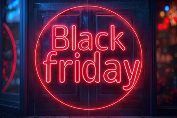 Black Friday neon sale banner glowing with discount offer light in background creative design and illustration for night advertising promotion bright text on retro sign poster business promo template