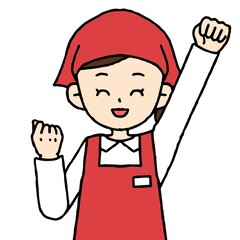 エプロンを着けた女性店員がガッツポーズをしている