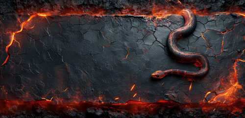 Frame with a design of a black snake and hot cracked lava. - obrazy, fototapety, plakaty