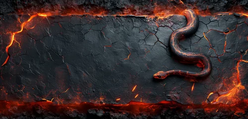 Foto op Plexiglas Frame with a design of a black snake and hot cracked lava. © Jan