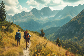 Fototapeta na wymiar Hikers trekking through mountain trails, high in the mountain. Nature landscape.