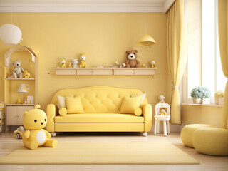 interior of a baby's room with a sofa - yellow baby room 3D rendering design.
