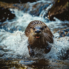 Playful Otter Sliding in a River