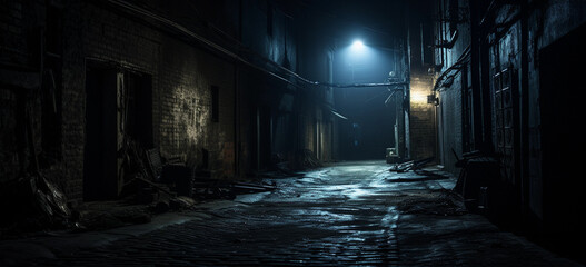 Dark downtown back alley at night after raining. Urban back street with atmospheric lighting and soggy street. Inner city dark alleyway. Urban decay and weathered architecture.
