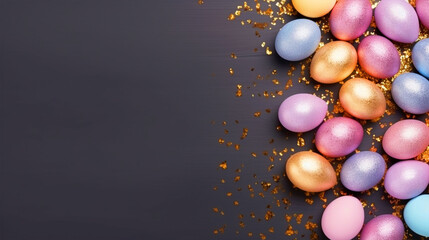 Colorful Easter eggs on isolated background with copy text space top view - ai generative