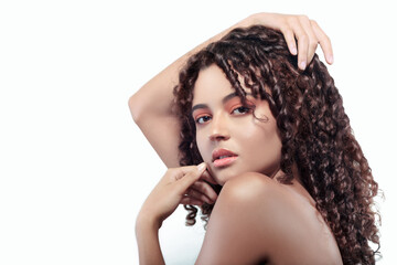 Captivating Profile of a Young, Brown-Skinned Woman with Intricately Braided Hair and Subtly Applied Makeup, Set Against a Clean White Background