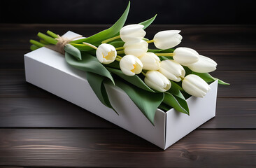 Bouquet of white tulips with box on white wooden background, 8 March present 