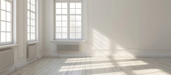 White wall in empty room at home with plastic window and radiator.