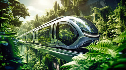 An impressive image of an urban magnetic levitation train, illustrating the future of efficient high-speed rail travel. Eco-friendly urban transport
