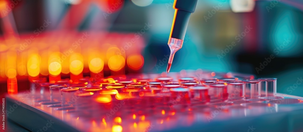 Aufkleber scientist utilized a micro pipette for bioassay in vitro cell analysis in the lab.
