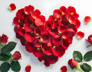 heart shape formed using red rose petals on a white background. Valentine's Day design.