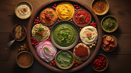 A platter of traditional Mediterranean dishes, like hummus, falafel, and tabbouleh, commonly eaten during Ramadhan