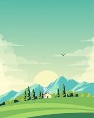 Valley, nature landscape, poster design, vertical banner, postcard