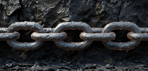 Sturdy metal chains on a dark grungy cracked rock textured backdrop.