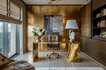 Golden Interior: Stylish Apartment Design with Functional Gold Decor and Spacious Roomy Layout