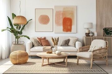 Scandi-Boho Living Room Interior with Bright Design, Paintings, and Wooden Furniture