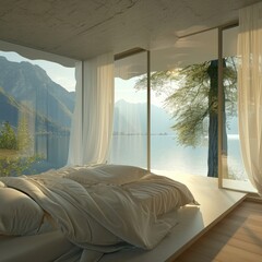 Minimalist Lakeside Bedroom Retreat with Panoramic Terrace View
