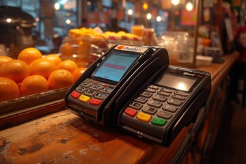 Credit, debit card swipe machine reader and calculator - obrazy, fototapety, plakaty