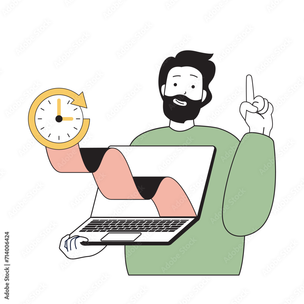 Poster time management concept with cartoon people in flat design for web. man works in workflow at laptop 