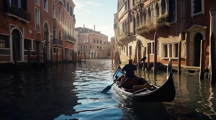 Foto op Plexiglas A woman floating on a boat on the canal among Venetian buildings © Jūlija