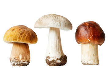 mushroom fungi together in a row, on transparent background