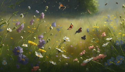 A field of wildflowers with butterflies and flowers