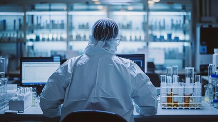 A scientist in protective clothing is conducting research in a laboratory - obrazy, fototapety, plakaty