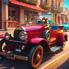 This whimsical depiction celebrates the joyous fusion of an animated monkey and the timeless charm of a vintage automobile, creating an image that is both delightful and memorable.