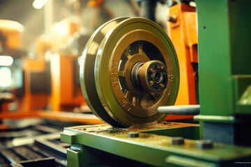 Photo of a detailed shot of a rotating wheel on a manufacturing assembly line. Modern metal processing at an industrial enterprise. Manufacturing of high-precision parts and mechanisms.