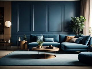 Interior of living room with blue sofa 3d rendering design.