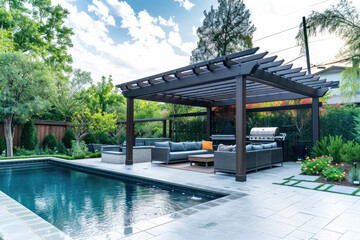 Trendy outdoor patio pergola shade structure, awning and patio roof, pool, garden lounge, chairs, metal grill surrounded by landscaping, with a flowers garden